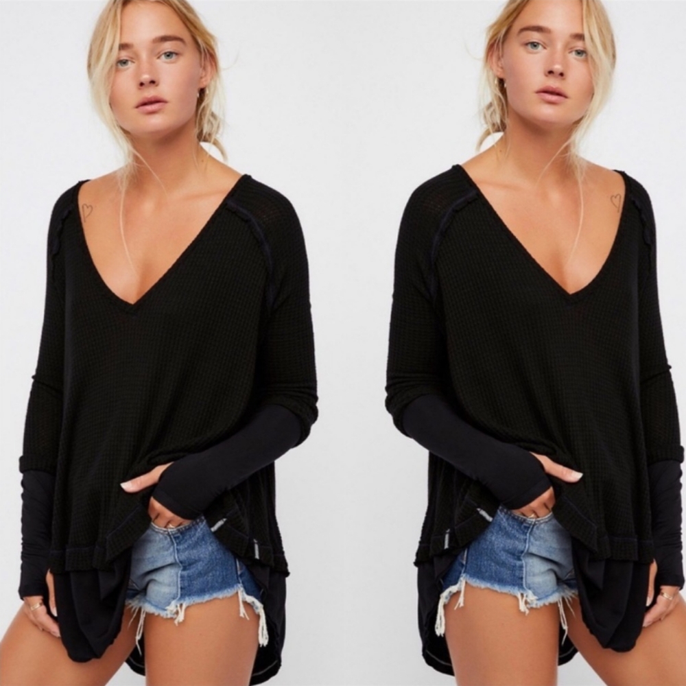 Free People Oversized Thumbholes Black Thermal Size Medium